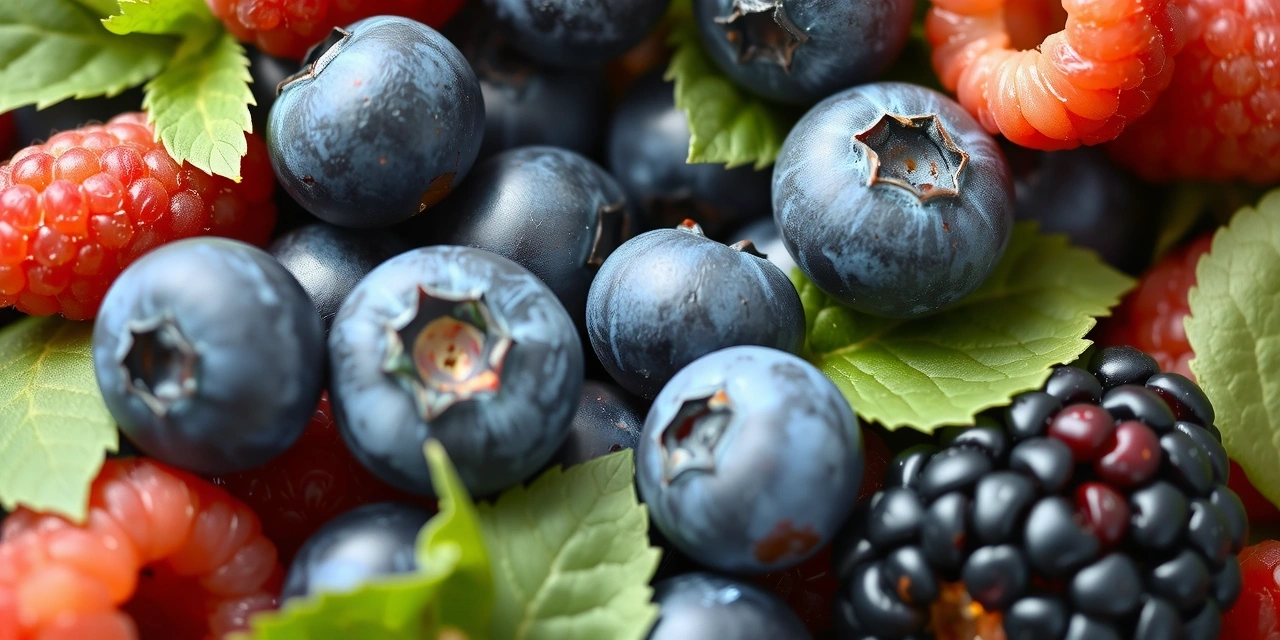 Fructe de pădure proaspete și frunze verzi, simbolizând antioxidanți naturali.