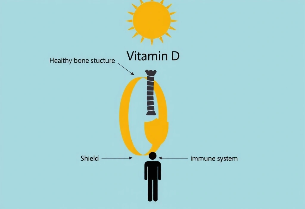 Infografic simplu despre Vitamina D, arătând soarele, oase, sistem imunitar și o siluetă umană, fără text.