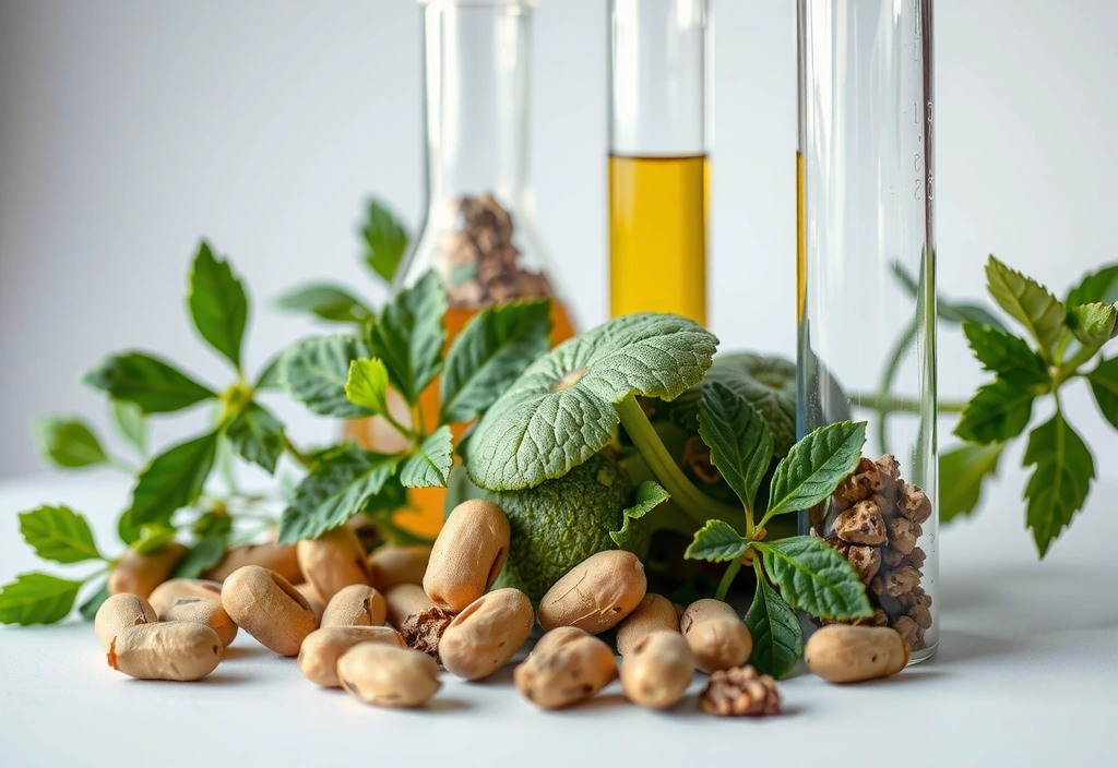 Plante medicinale și eprubete, simbolizând armonia naturii cu știința