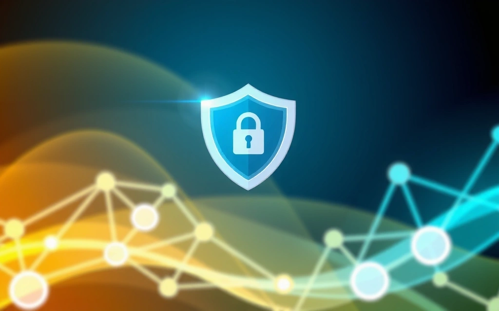Ilustrație cu un scut de protecție pentru date și o rețea de conexiuni securizate